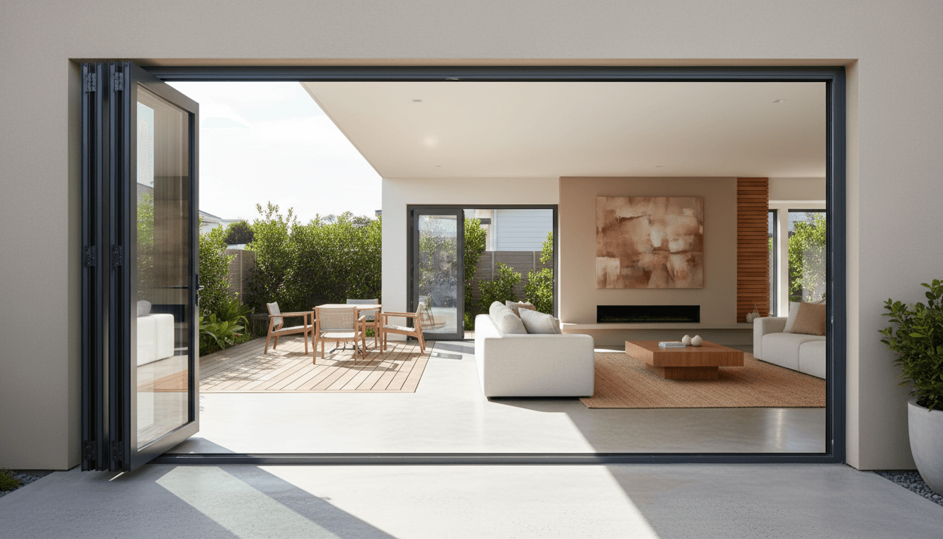 Contemporary home interior with open aluminium bifold doors connecting living area to outdoor patio