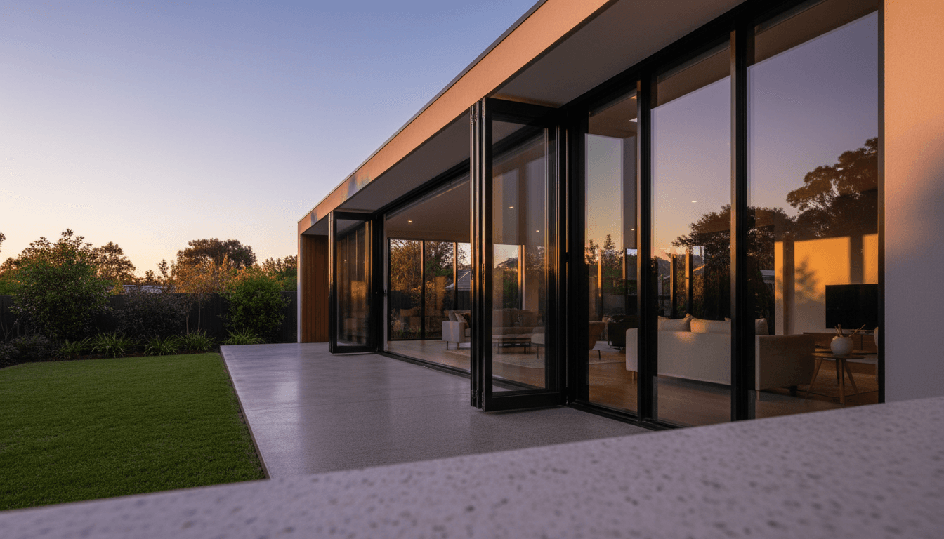 Modern home with open aluminium bifold doors and windows overlooking an outdoor living space
