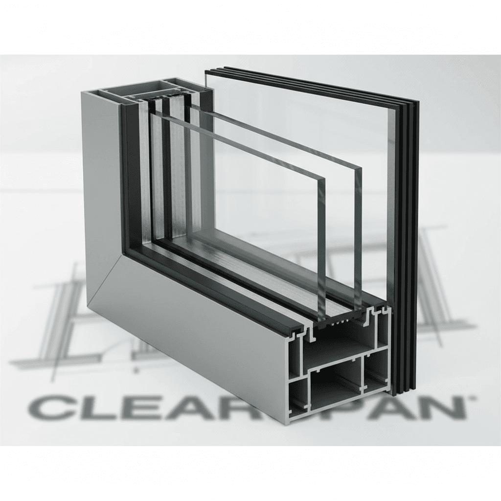 Detailed overhead view of a double-pane aluminium window showcasing frame profile and weather-stripping