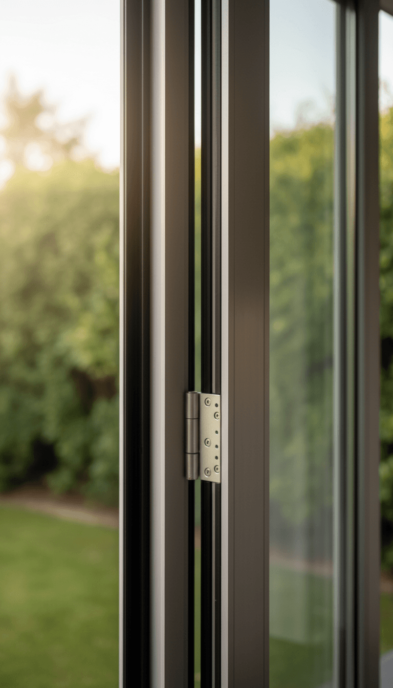 Close-up detail of an aluminium bifold door frame catching soft daylight, with garden visible through the glass