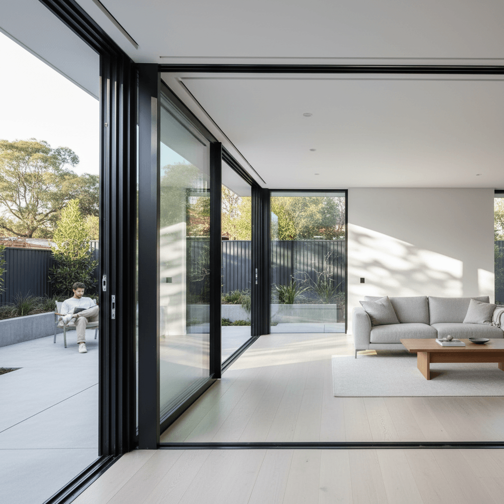 Stacking sliding aluminium doors in open configuration