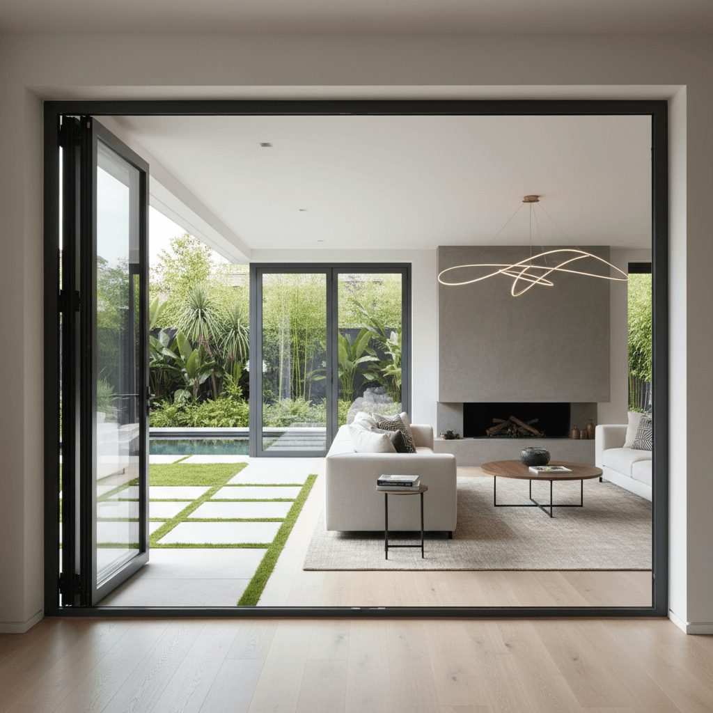 Open bifold aluminium doors seamlessly connecting indoor and outdoor spaces in a modern home setting.