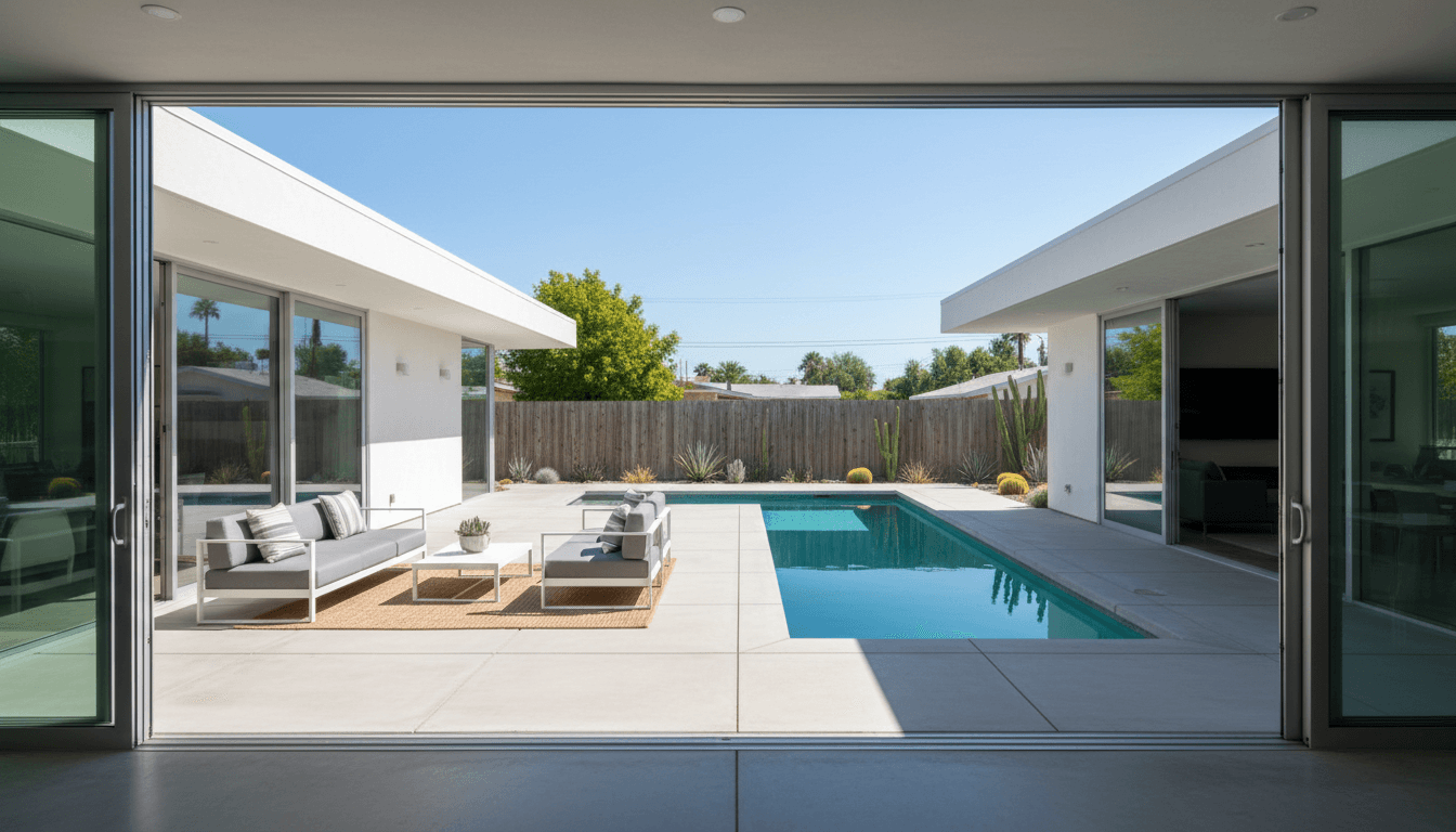 Modern aluminium bifold doors opening onto bright residential patio