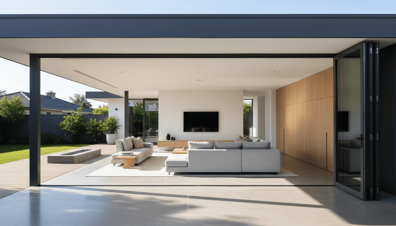 A modern home with large aluminium bifold doors opened to a bright interior