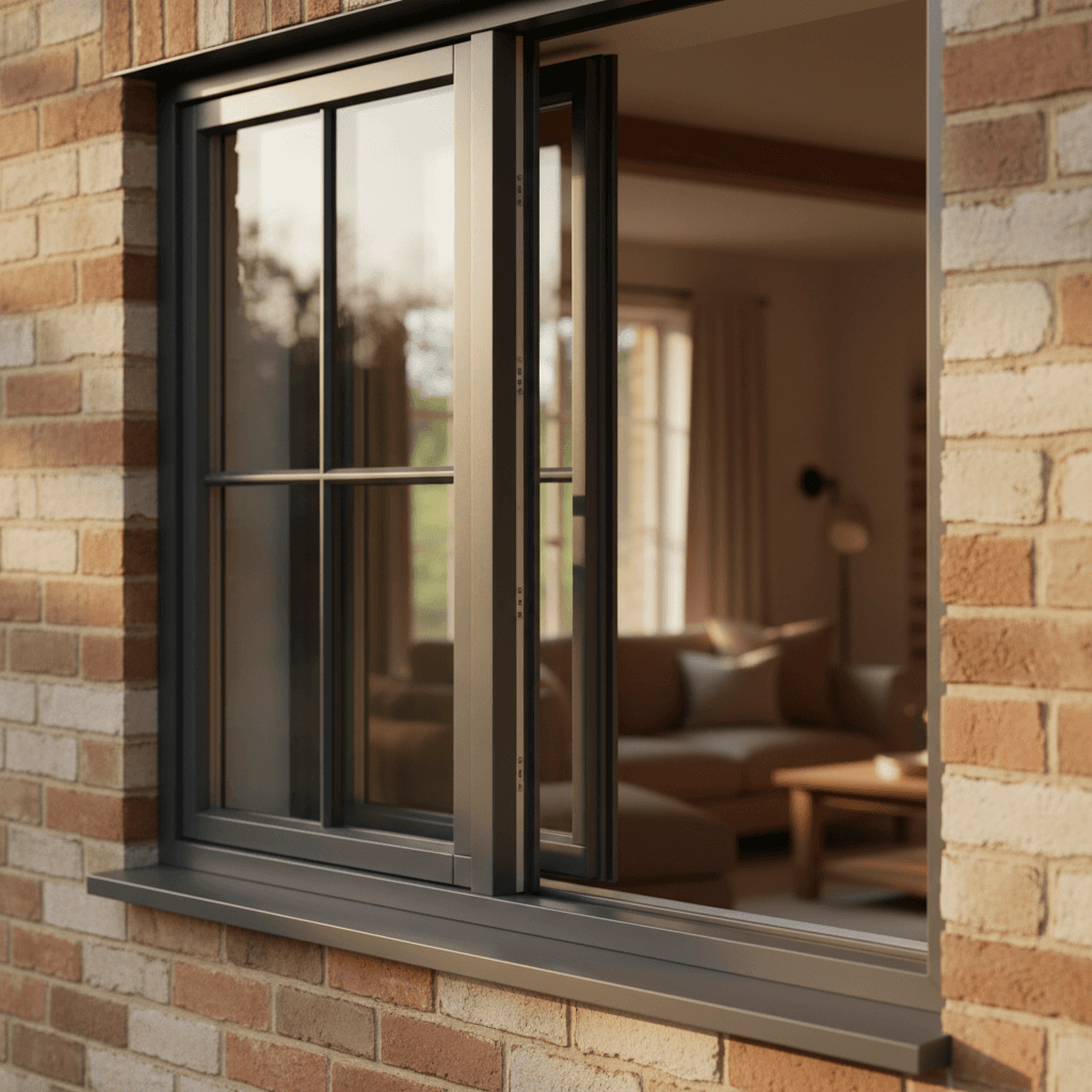 Close-up of aluminium window frame installed in residential exterior wall