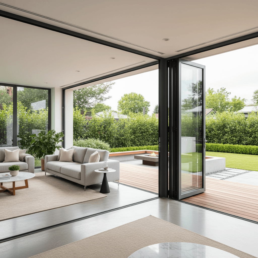 Bifold door system fully open connecting interior to outdoor patio