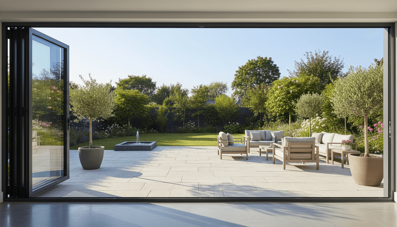 Modern aluminium bifold doors opening onto a bright residential patio with garden view