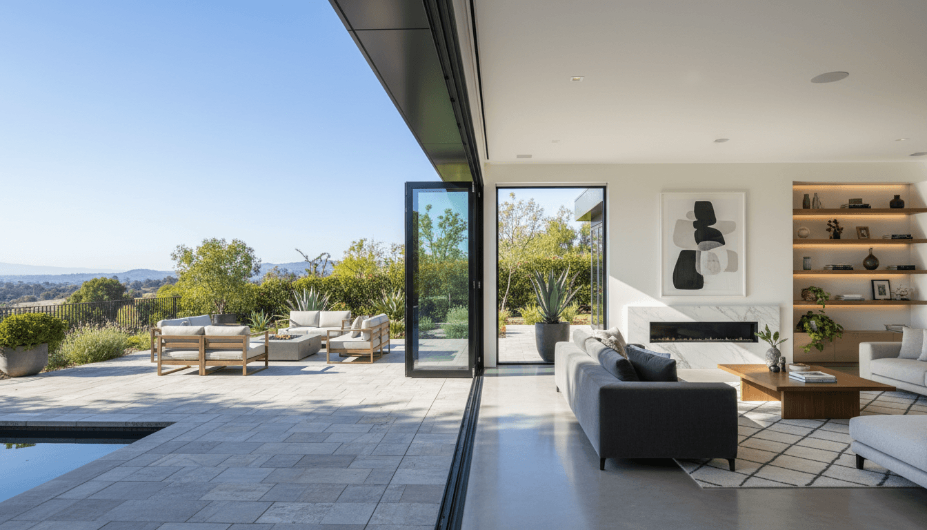 Modern aluminium bifold doors opening onto an outdoor living space with natural light and contemporary architecture