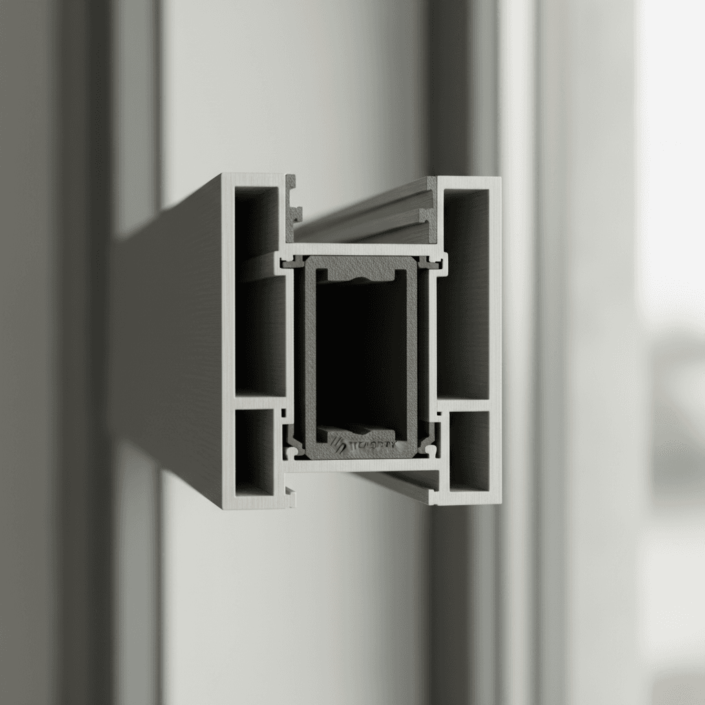 Aluminium window frame profile showing thermal break insulation component