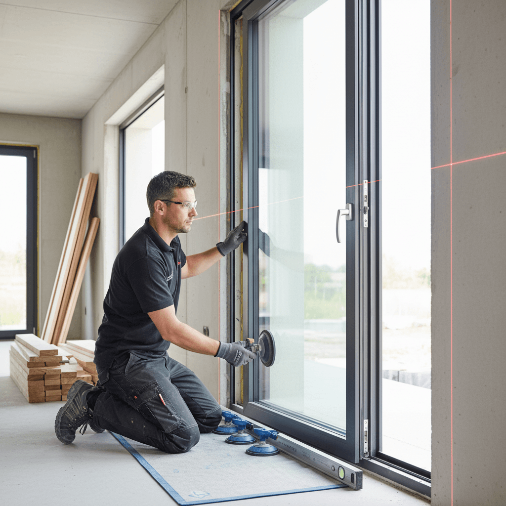Installer fitting an aluminium window frame in a modern home, showing precision and quality workmanship.