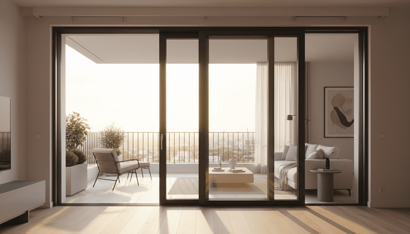 Modern aluminium bifold doors opened to a sunlit garden, showcasing quality installation and design