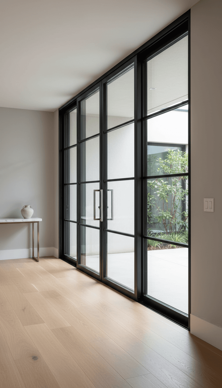 Floor-to-ceiling aluminium-framed glass sliding doors in modern luxury residential or hospitality entry space