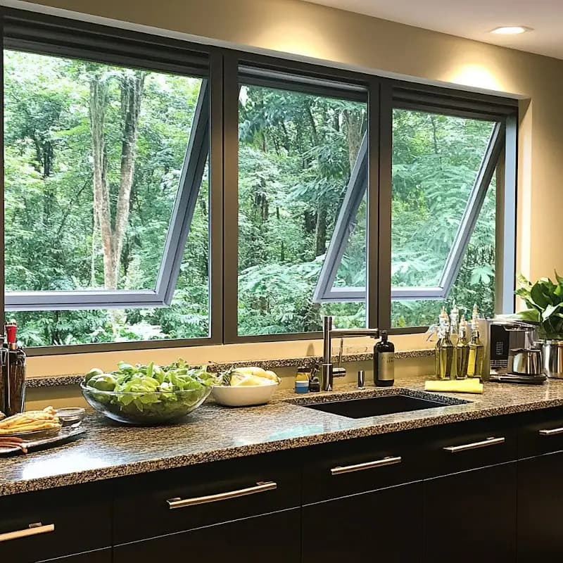Kitchen counter with fresh produce and sink overlooking a lush green forest through large windows.